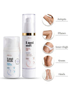 Two skincare bottles labeled 'Lumi fresh' and 'Lumi soft' with skin care tips on a white background. Armpits, knees, elbows, inner thigh whitening cream