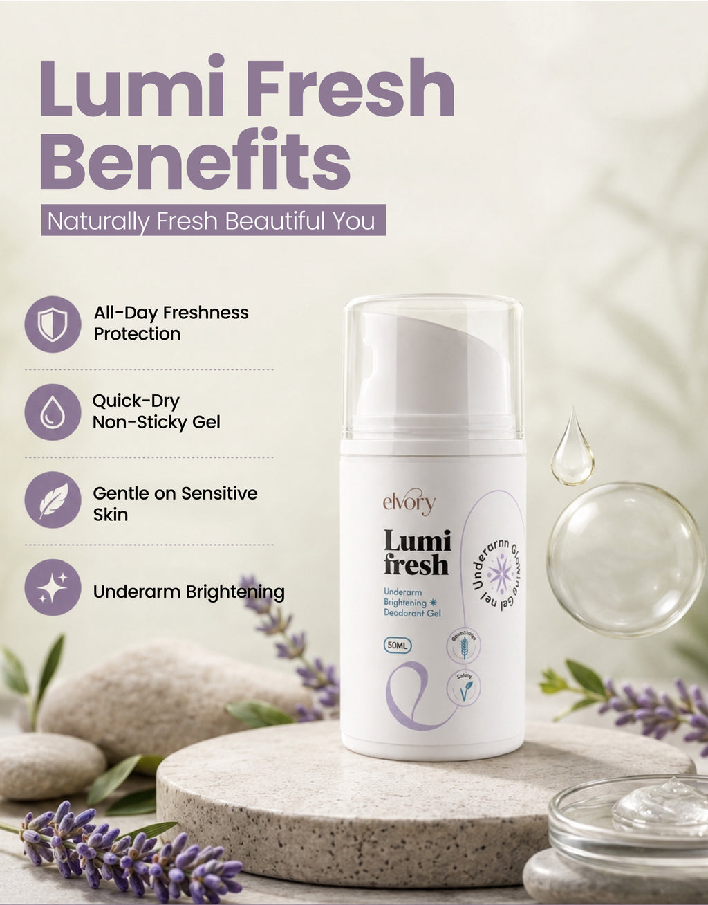 Elvory Lumi Fresh deodorant gel with benefits listed on a neutral background