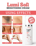 Promotional graphic for Lumi Soft Brightening Cream showing before-and-after skin results on neck, shoulder, and leg areas, alongside a white pump bottle of the cream and text including '10% OFF'.
