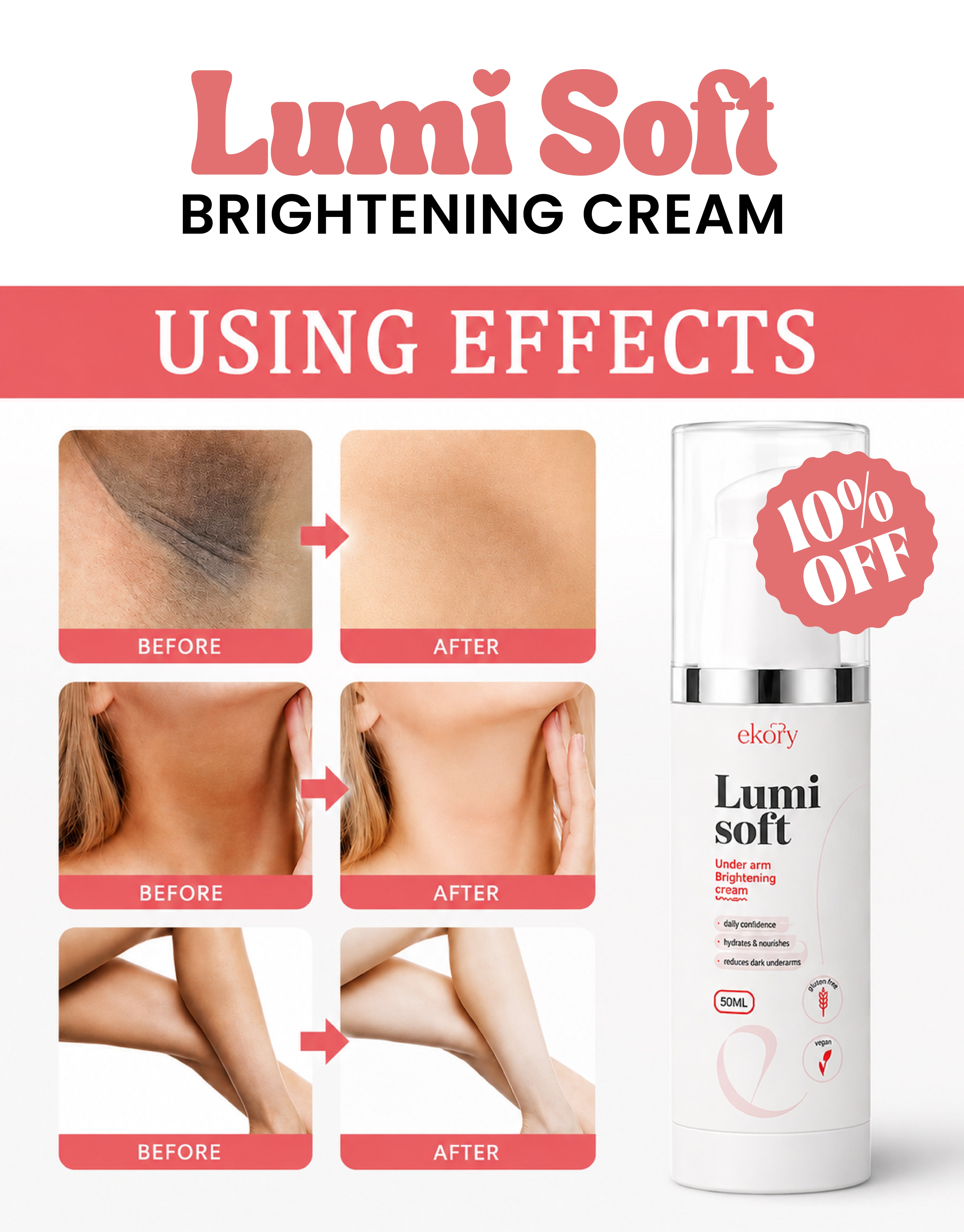 Promotional graphic for Lumi Soft Brightening Cream showing before-and-after skin results on neck, shoulder, and leg areas, alongside a white pump bottle of the cream and text including '10% OFF'.