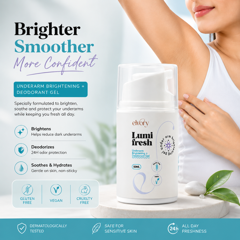 A woman's underarm is shown applying or using a clear gel from a white pump bottle labeled 'elvory Lumi fresh' on her underarm. The image is a promotional ad with text reading 'Brighter Smoother More Confident' and feature callouts for underarm brightening, deodorizing, soothing, and hydrating benefits.
