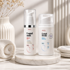 Two white skincare pump bottles labeled 'elvory Lumi soft' and 'elvory Lumi fresh' standing on a round marble tray, best intimate area cream
top rated intimate area whitening cream
